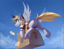 Size: 1608x1220 | Tagged: safe, artist:ramiras, imported from derpibooru, derpy hooves, pegasus, pony, the point of no return, bubble butt, butt, carrying, cloud, dock, featureless crotch, female, flying, frog (hoof), hoofbutt, mailmare, mare, package, plot, rear view, scene interpretation, solo, underhoof