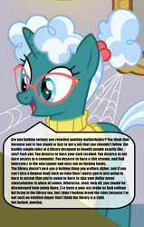 Size: 569x892 | Tagged: safe, edit, edited screencap, imported from derpibooru, screencap, bellflower blurb, pony, the point of no return, /mlp/, copypasta, cropped, librarian, nigger, rant, solo, text, vulgar