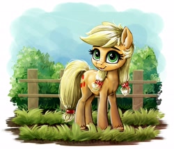 Size: 3600x3094 | Tagged: safe, artist:rysunkowasucharia, imported from derpibooru, applejack, earth pony, pony, where the apple lies, cottagecore, cute, female, fence, filly, jackabetes, looking at you, pigtails, smiling, teenage applejack, teenager, unshorn fetlocks, younger