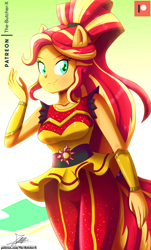 Size: 1120x1860 | Tagged: safe, artist:the-butch-x, imported from derpibooru, sunset shimmer, dance magic, equestria girls, spoiler:eqg specials, beautiful, breasts, clothes, cute, dress, female, flamenco dress, looking at you, patreon, patreon logo, ponied up, pony ears, ponytail, shimmerbetes, skirt, smiling, solo, sunset shimmer flamenco dress, super ponied up