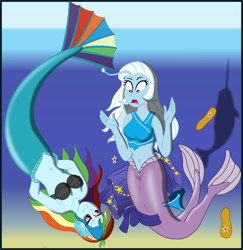 Size: 3000x3085 | Tagged: safe, artist:physicrodrigo, imported from derpibooru, rainbow dash, trixie, angler fish, mermaid, narwhal, series:equestria mermaids, equestria girls, arm behind back, belly button, bikini, bikini bottom, black eye, clothes, disappearing clothes, duo, duo female, earfins, evil grin, female, flip-flops, gills, grin, high res, mermaidized, midriff, ocean, open mouth, rainbow douche, raised hand, ripping clothes, sarong, seashell bra, shocked expression, smiling, species swap, story included, surprised, swimsuit, transformation, underwater, upside down