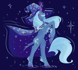 Size: 3000x2700 | Tagged: safe, artist:coolgote, imported from derpibooru, trixie, classical unicorn, pony, unicorn, abstract background, cape, clothes, cloven hooves, female, grin, hat, leonine tail, mare, rearing, smiling, solo, unshorn fetlocks