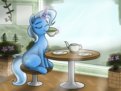 Size: 1852x1384 | Tagged: safe, artist:pencil bolt, imported from derpibooru, trixie, pony, unicorn, cafe, chair, crepuscular rays, cup, drinking, eyes closed, female, food, glowing horn, light, magic, mare, pot, sitting, solo, table, tea, teacup, telekinesis