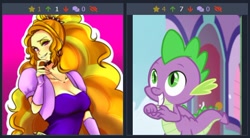 Size: 486x269 | Tagged: safe, artist:raika0306, imported from derpibooru, screencap, adagio dazzle, spike, dragon, derpibooru, equestria girls, rainbow rocks, the point of no return, adagiospike, breasts, busty adagio dazzle, cleavage, clothes, cropped, cute, female, juxtaposition, juxtaposition win, male, meme, meta, simple background, smiling, solo, spikabetes, tail, winged spike, wings