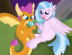 Size: 3300x2550 | Tagged: safe, artist:skyflys, imported from derpibooru, silverstream, smolder, dragon, hippogriff, blushing, cute, diastreamies, disney, dragoness, female, food, ice cream, kingdom hearts, lesbian, popsicle, sea salt ice cream, shipping, smolderbetes, smolderstream, teenager