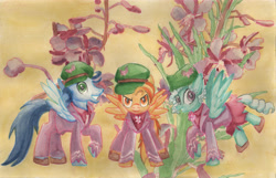 Size: 5071x3271 | Tagged: safe, artist:kelseyleah, imported from derpibooru, fleetfoot, soarin', spitfire, pony, ancient wonderbolts uniform, clothes, flower, traditional art, uniform, wing hole