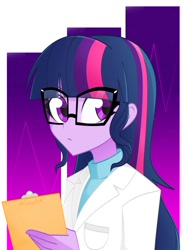 Size: 1018x1377 | Tagged: safe, artist:xan-gelx, imported from derpibooru, sci-twi, twilight sparkle, equestria girls, clipboard, clothes, female, glasses, lab coat, solo