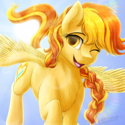 Size: 1024x1024 | Tagged: safe, artist:novaintellus, imported from derpibooru, oc, oc only, oc:little flame, pegasus, pony, chest fluff, female, flying, gift art, mare, one eye closed, solo, spread wings, wings, wink