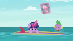 Size: 1920x1080 | Tagged: safe, imported from derpibooru, screencap, spike, twilight sparkle, alicorn, dragon, the point of no return, duo, lifejacket, sad, surfboard, twilight is not amused, twilight sparkle (alicorn), twilight sparkle is not amused, unamused, water, wet mane, windsurfing, winged spike, wings