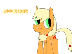 Size: 1024x769 | Tagged: safe, artist:undeadponysoldier, imported from derpibooru, applejack, earth pony, pony, cute, female, freckles, simple background, smiling, solo, text, white background