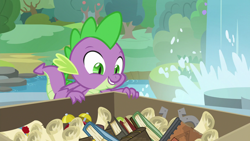 Size: 1280x720 | Tagged: safe, imported from derpibooru, screencap, spike, dragon, the point of no return, book, box, claws, male, scroll, winged spike, wings