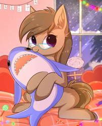 Size: 2214x2746 | Tagged: safe, alternate version, artist:pesty_skillengton, imported from derpibooru, oc, oc only, oc:dawnsong, earth pony, pony, shark, blåhaj, colored pupils, cuddling, cute, ear fluff, earth pony oc, female, glasses, leg fluff, looking at you, mare, plushie, shark plushie, solo, toy, ych result