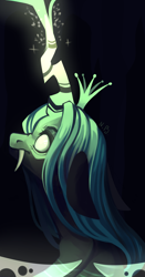 Size: 1697x3241 | Tagged: safe, artist:natalia-beaver, imported from derpibooru, queen chrysalis, changeling, changeling queen, black background, dark background, fangs, female, floppy ears, from behind, glowing eyes, glowing horn, signature, simple background, solo, spread wings, wings