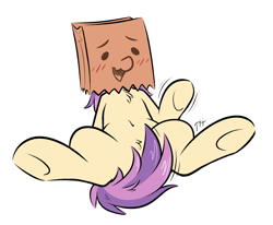 Size: 2000x1650 | Tagged: safe, artist:fakskis, imported from derpibooru, oc, oc only, oc:paper bag, pony, belly button, blushing, chest fluff, cute, female, ocbetes, open mouth, paper bag, pubic fluff, simple background, sitting, solo, strategically covered, tail censor, tongue out, underhoof, waving, weapons-grade cute, white background