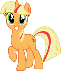 Size: 1920x2233 | Tagged: safe, edit, imported from derpibooru, vector edit, applejack, twilight sparkle, pony, unicorn, ponyar fusion, female, fusion, looking at you, mare, palette swap, raised hoof, recolor, simple background, smiling, solo, transparent background, unicorn applejack, unicorn twilight, vector