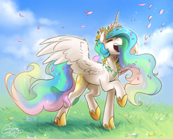 Size: 1280x1024 | Tagged: safe, artist:cosmalumi, artist:its-gloomy, deleted from derpibooru, imported from derpibooru, princess celestia, alicorn, pony, cute, cutelestia, female, floral head wreath, floral necklace, flower, flower necklace, flower petals, happy, mare, raised leg, smiling, solo, spread wings, spring, wings