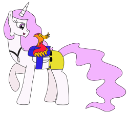 Size: 2256x2022 | Tagged: safe, artist:supahdonarudo, imported from derpibooru, philomena, princess celestia, phoenix, pony, banjo kazooie, clothes, cosplay, costume, jewelry, necklace, ph, pink mane, pink-mane celestia, saddle bag, shorts, simple background, transparent background