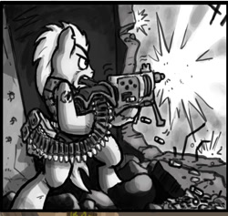 Size: 535x507 | Tagged: safe, artist:wisdom-thumbs, imported from derpibooru, oc, oc only, pony, fallout equestria, bipedal, black and white, grayscale, gun, machine gun, male, monochrome, open mouth, shooting, solo, stallion, weapon