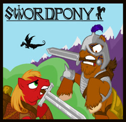 Size: 1050x1016 | Tagged: safe, artist:wisdom-thumbs, imported from derpibooru, big macintosh, oc, earth pony, pony, armor, clothes, colored hooves, duel, duo, hooves, male, mouth hold, stallion, sword, weapon