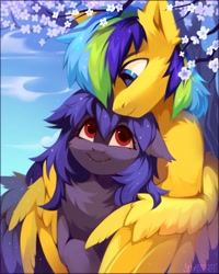 Size: 2400x3000 | Tagged: safe, artist:share dast, imported from derpibooru, oc, oc only, oc:sky, pegasus, pony, cute, cute little fangs, duo, fangs, hug, tree, winghug