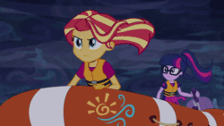 Size: 800x450 | Tagged: safe, imported from derpibooru, screencap, sci-twi, sunset shimmer, twilight sparkle, equestria girls, equestria girls series, spring breakdown, spoiler:eqg series (season 2), animated, bait and switch, boat, female, gif, lifeboat, lifejacket, ocean, windswept mane
