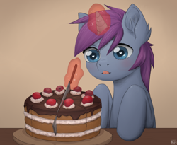 Size: 3900x3200 | Tagged: source needed, useless source url, safe, artist:richie, imported from derpibooru, oc, oc only, oc:mobian, pony, unicorn, :p, black forest cake, blushing, cake, commission, cute, ear fluff, food, high res, knife, magic, portal (valve), silly, simple background, solo, table, telekinesis, the cake is a lie, tongue out, ych result