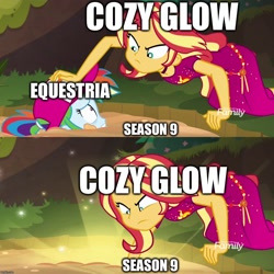 Size: 1080x1080 | Tagged: safe, imported from derpibooru, rainbow dash, sunset shimmer, equestria girls, season 9, spring breakdown, spoiler:s09, caption, cozy glow's true goal, image macro, implied cozy glow, jungle, pure concentrated unfiltered evil of the utmost potency, quicksand, quicksand meme, text