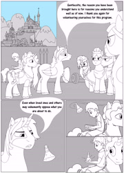 Size: 5401x7513 | Tagged: safe, artist:cactuscowboydan, imported from derpibooru, caboose, full steam, promontory, silver lining, silver zoom, sunburst, oc, oc:king calm merriment, oc:king speedy hooves, oc:tommy the human, alicorn, earth pony, human, pegasus, pony, unicorn, comic:fusing the fusions, comic:the bastion of canterlot, alicorn oc, book, canterlot, canterlot castle, cape, clothes, comic, commissioner:bigonionbean, conductor hat, dialogue, father and son, fusion, fusion:big macintosh, fusion:cheese sandwich, fusion:donut joe, fusion:fancypants, fusion:flash sentry, fusion:king calm merriment, fusion:king speedy hooves, fusion:shining armor, fusion:soarin', fusion:trouble shoes, glasses, goggles, gymnasium, hat, human oc, magic, male, potion, sketch, stallion, uncle and nephew, uniform, wonderbolts uniform, writer:bigonionbean