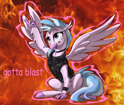 Size: 1807x1528 | Tagged: safe, artist:kam, imported from derpibooru, silverstream, classical hippogriff, hippogriff, choker, claws, clothes, comic sans, dialogue, female, fire, punk, quadrupedal, text, wings