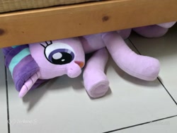 Size: 2048x1536 | Tagged: safe, artist:nekokevin, imported from derpibooru, starlight glimmer, pony, unicorn, series:nekokevin's glimmy, female, hiding, irl, lying down, mare, open mouth, photo, plushie, smiling, solo, underhoof