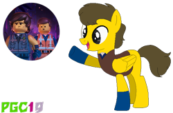 Size: 610x400 | Tagged: safe, artist:paintgreencolor19, artist:selenaede, imported from derpibooru, oc, oc:rodrigo dangervest, base used, crossover, emmet brickowski, lego, magical gay spawn, offspring, parent:emmet brickowski, parent:rex dangervest, rex dangervest, simple background, spoilers for another series, the lego movie, the lego movie 2: the second part, transparent background