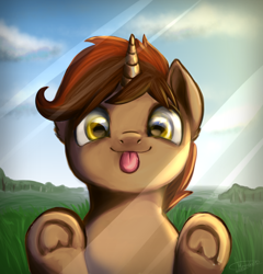 Size: 998x1038 | Tagged: safe, artist:megabait, imported from derpibooru, oc, oc only, oc:shadowheart, pony, unicorn, :p, against glass, cloud, glass, grass, hooves up, looking at you, male, silly, solo, stallion, staring into your soul, tongue out, window, ych result