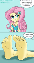 Size: 1280x2363 | Tagged: safe, artist:jfetishstuff, imported from derpibooru, fluttershy, equestria girls, barefoot, clothes, dialogue, dress, eyeshadow, feet, female, fetish, flutterfeet, foot fetish, foot focus, jewelry, makeup, necklace, open mouth, soles, solo, speech bubble, thought bubble, toes