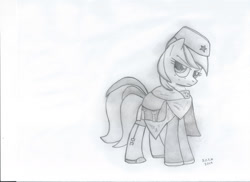 Size: 2338x1700 | Tagged: safe, artist:stuckonthemoon, imported from derpibooru, pony, fallout equestria, fallout equestria: crossroads, military uniform, monochrome, red guardsmare, simple background, sketch, solo, traditional art, white background