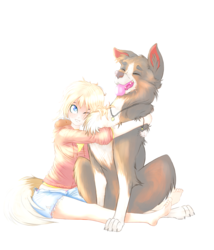 Size: 3000x3500 | Tagged: safe, artist:asimplerarity, imported from derpibooru, applejack, winona, dog, human, barefoot, cute, duo, feet, hug, humanized, jackabetes, one eye closed, simple background, white background