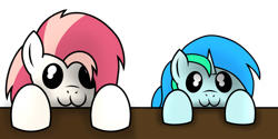 Size: 2000x1000 | Tagged: safe, artist:toyminator900, imported from derpibooru, oc, oc only, oc:aureai, oc:cyan lightning, pegasus, pony, unicorn, :3, colt, female, looking at you, male, mare, simple background, table, transparent background