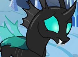 Size: 982x720 | Tagged: safe, imported from derpibooru, screencap, thorax, changeling, the times they are a changeling, confused, male, raised eyebrow, snow, solo