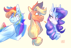 Size: 3840x2631 | Tagged: safe, artist:linklyshow, imported from derpibooru, applejack, rainbow dash, rarity, earth pony, pegasus, pony, unicorn, bust, female, line-up, signature, smiling, smirk, straw in mouth, trio, trio female