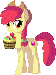 Size: 5772x7662 | Tagged: safe, artist:cyanlightning, imported from derpibooru, apple bloom, earth pony, pony, .svg available, absurd resolution, adorabloom, alternate hairstyle, apple, applejack's hat, braid, bucket, chest fluff, cowboy hat, cute, ear fluff, female, food, hat, looking at you, mare, missing accessory, mouth hold, older, older apple bloom, simple background, smiling, solo, tail fluff, transparent background, vector