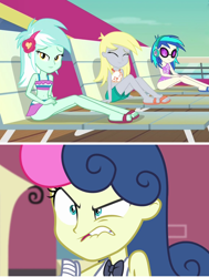 Size: 1144x1516 | Tagged: safe, edit, edited screencap, imported from derpibooru, screencap, bon bon, derpy hooves, dj pon-3, lyra heartstrings, sweetie drops, vinyl scratch, equestria girls, spring breakdown, bon bon is not amused, clothes, comparison, jealous, swimsuit, unamused