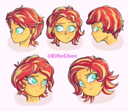 Size: 3000x2600 | Tagged: safe, artist:katakiuchi4u, imported from derpibooru, sunset shimmer, equestria girls, alternate hairstyle, blushing, female, freckles, hairstyle, head, looking at you, peppered bacon, pink background, short hair, simple background, smiling, solo, watermark