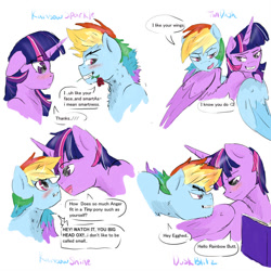 Size: 894x894 | Tagged: safe, artist:captainloafnugget, imported from derpibooru, rainbow dash, twilight sparkle, alicorn, pegasus, pony, angry, blushing, book, dialogue, dusk shine, duskblitz, duskdash, female, flower, flower in mouth, gay, half r63 shipping, lesbian, looking at each other, male, mare, rainbow blitz, rose, rose in mouth, rule 63, shipping, simple background, smiling, stallion, straight, twiblitz, twidash, twilight sparkle (alicorn), white background, wings