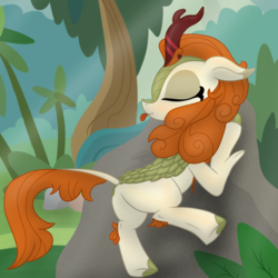 Size: 2500x2500 | Tagged: safe, artist:soctavia, imported from derpibooru, autumn blaze, kirin, sounds of silence, :p, awwtumn blaze, butt, cute, female, plot, rock, silly, solo, tongue out, tree