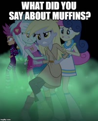 Size: 500x623 | Tagged: safe, edit, edited screencap, imported from derpibooru, screencap, bon bon, derpy hooves, lyra heartstrings, scootaloo, sweetie drops, equestria girls, rainbow rocks, caption, image macro, meme, rage, text