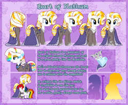 Size: 4488x3700 | Tagged: safe, artist:paradiseskeletons, imported from derpibooru, oc, oc only, oc:heart of platinum, oc:prince rainshine, pegasus, pony, unicorn, alicorn amulet, blue eyes, bodysuit, cloak, clothes, colt, eyeshadow, female, glowing eyes, gold eyeshadow, hug, makeup, male, mare, mother and son, nobility, not rarity, nylon, reference sheet, solo, ych result