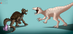 Size: 1024x478 | Tagged: safe, artist:niban-destikim, imported from derpibooru, diamond tiara, silver spoon, dinosaur, earth pony, pony, anguirus, blue background, commission, crossover, fear, female, filly, foal, godzilla (series), i dont even, indominus rex, jurassic world, looking at each other, patreon, patreon logo, roar, simple background