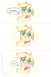 Size: 1860x2815 | Tagged: safe, artist:icychamber, imported from derpibooru, applejack, earth pony, pony, 3 panel comic, :o, bust, cute, female, hnnng, jackabetes, laughing, lidded eyes, looking at you, mare, open mouth, simple background, smiling, solo, speech bubble, talking to viewer, white background