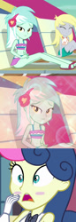 Size: 782x2268 | Tagged: safe, edit, edited screencap, editor:secrettitan, imported from derpibooru, screencap, bon bon, derpy hooves, lyra heartstrings, all's fair in love and friendship games, equestria girls, equestria girls series, friendship games, spring breakdown, spoiler:eqg series (season 2), belly button, bikini, blushing, clothes, cropped, female, gasp, headphones, lesbian, looking at you, lyrabon, midriff, sandals, shipping, shoujo bubbles, sleeveless, solo, swimsuit