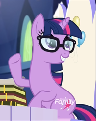Size: 613x772 | Tagged: safe, imported from derpibooru, screencap, sci-twi, twilight sparkle, pony, unicorn, equestria girls, equestria girls series, spring breakdown, spoiler:eqg series (season 2), book, cropped, discovery family logo, equestria girls ponified, female, friendship throne, looking up, ponified, sitting, smiling, unicorn sci-twi