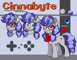 Size: 486x376 | Tagged: safe, artist:latecustomer, imported from derpibooru, oc, oc only, oc:cinnabyte, earth pony, pony, angry, blushing, bow, controller, cutie mark, earth pony oc, embarrassed, female, glasses, hair bow, mare, neckerchief, pigtails, reference sheet, smiling, solo, standing